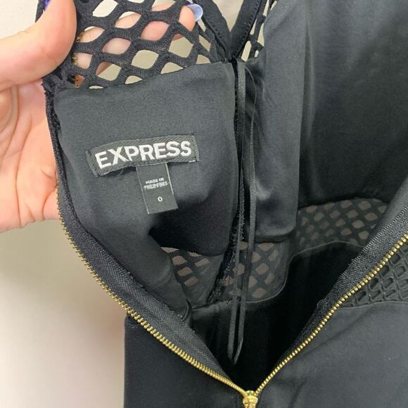 EXPRESS Black Midi Dress With See-through Mesh Midi Section Below Knee Length. S - Picture 7 of 7